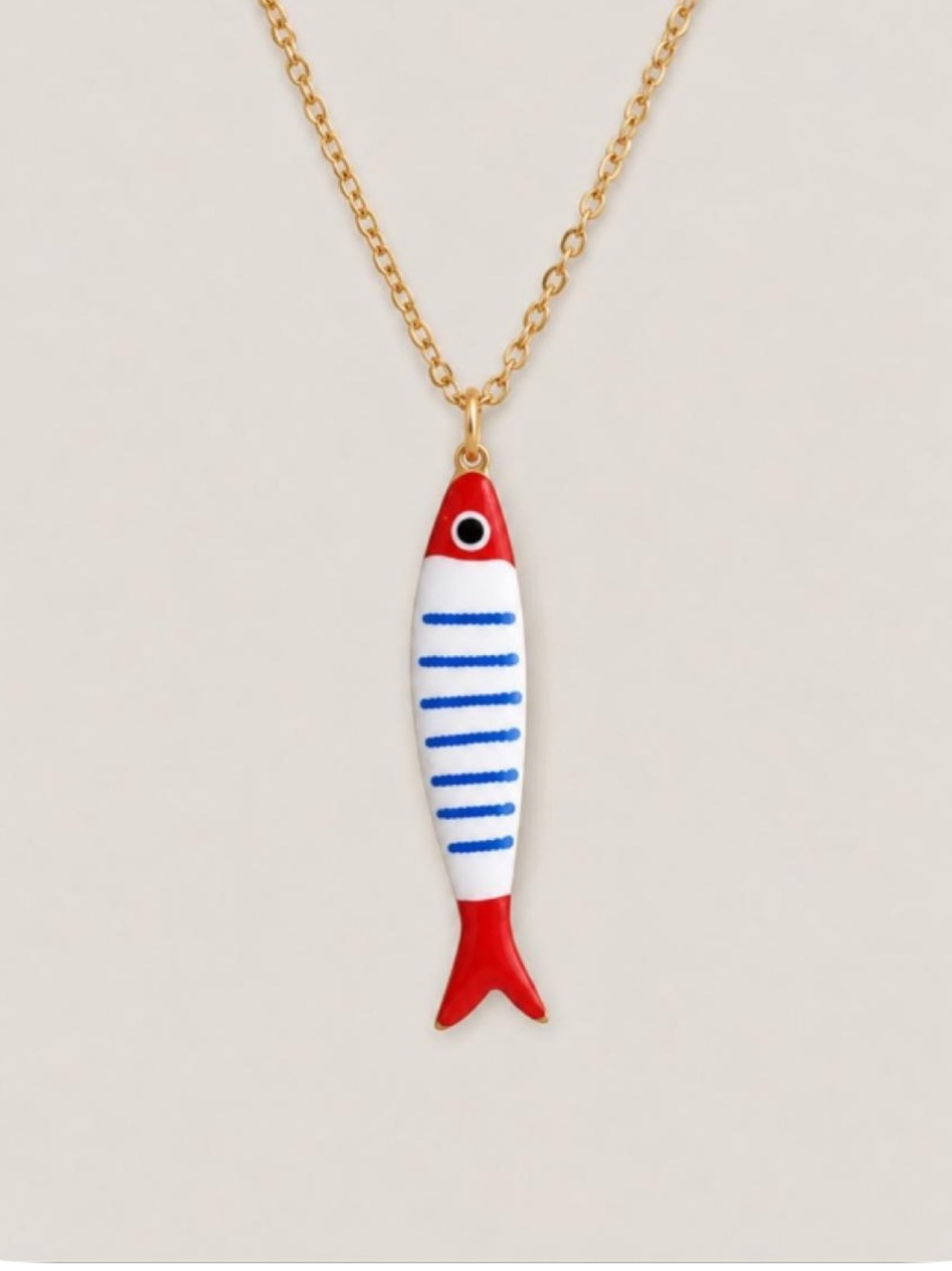New! 18K Gold Plated Blue Striped Red Sardine Fish Pendant Necklace NWOT